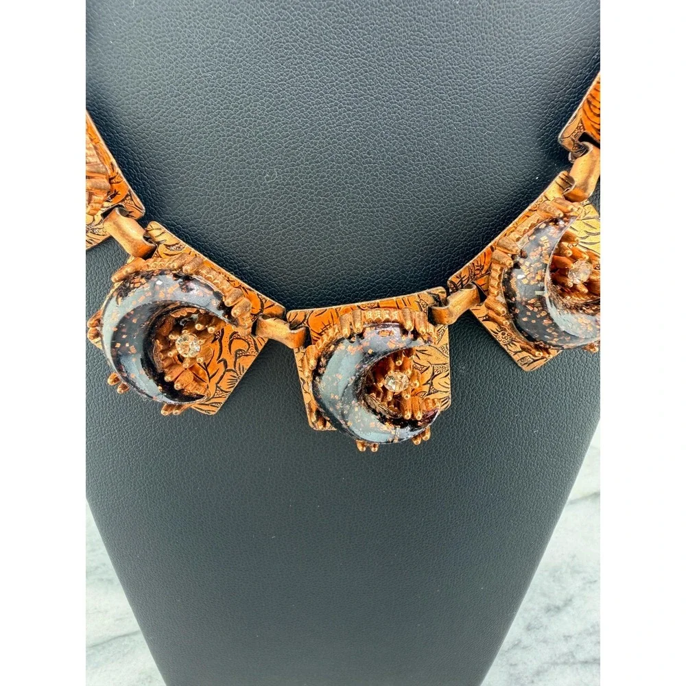 1950s Copper Tone Celestial Bib Necklace Black Confetti Lucite Moons, Whimsigoth - Picture 11 of 15